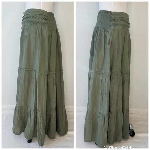 Aerie NWT Green Cotton Gauzy Tiered Skirt Smocked Waist Long Front Slit, size L - Picture 4 of 16